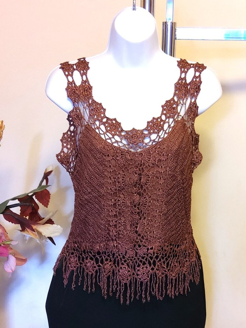 NWOT Papillon Women's Beaded Crochet Knitwear Brown Camisole Top Slim Cami 6 8
